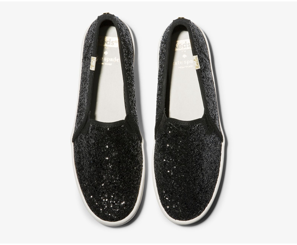 Womens Keds Slip Ons - Kate Spade new york Double Decker Glitter - Black - 0487-WHEUO